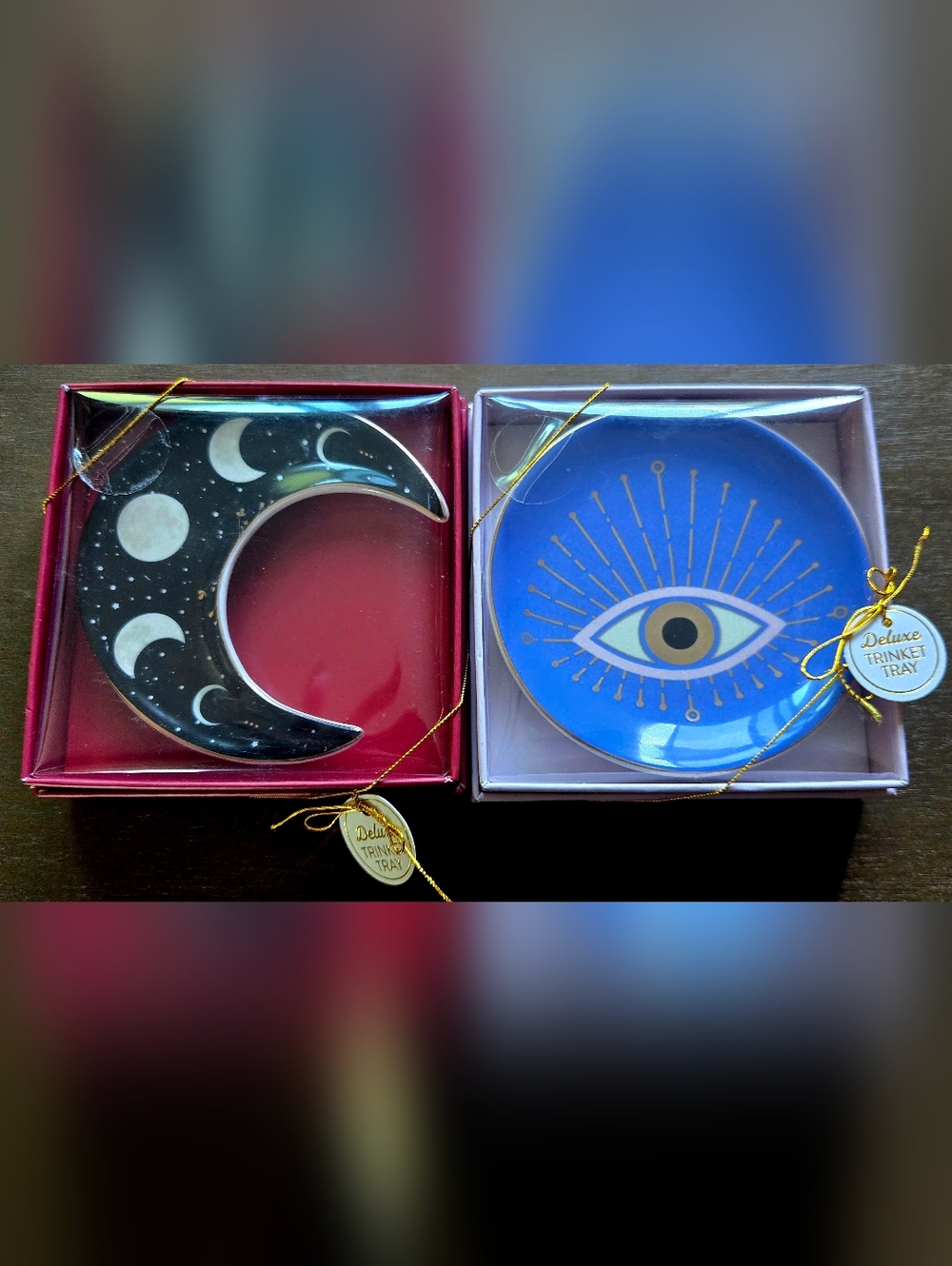 Pair Of New Ceramic Trinket Dishes Featuring Crescent Moon And Eye Motif